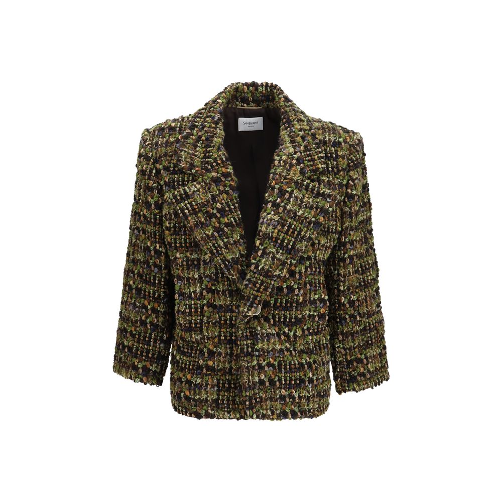 Saint Laurent Khaki Multicolor Merino Wool Tweed Short Jacket with Cassandre Button