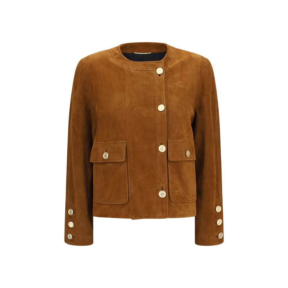 Saint Laurent Brown Lambskin Suede Short Jacket with Cassandre Medallion Buttons