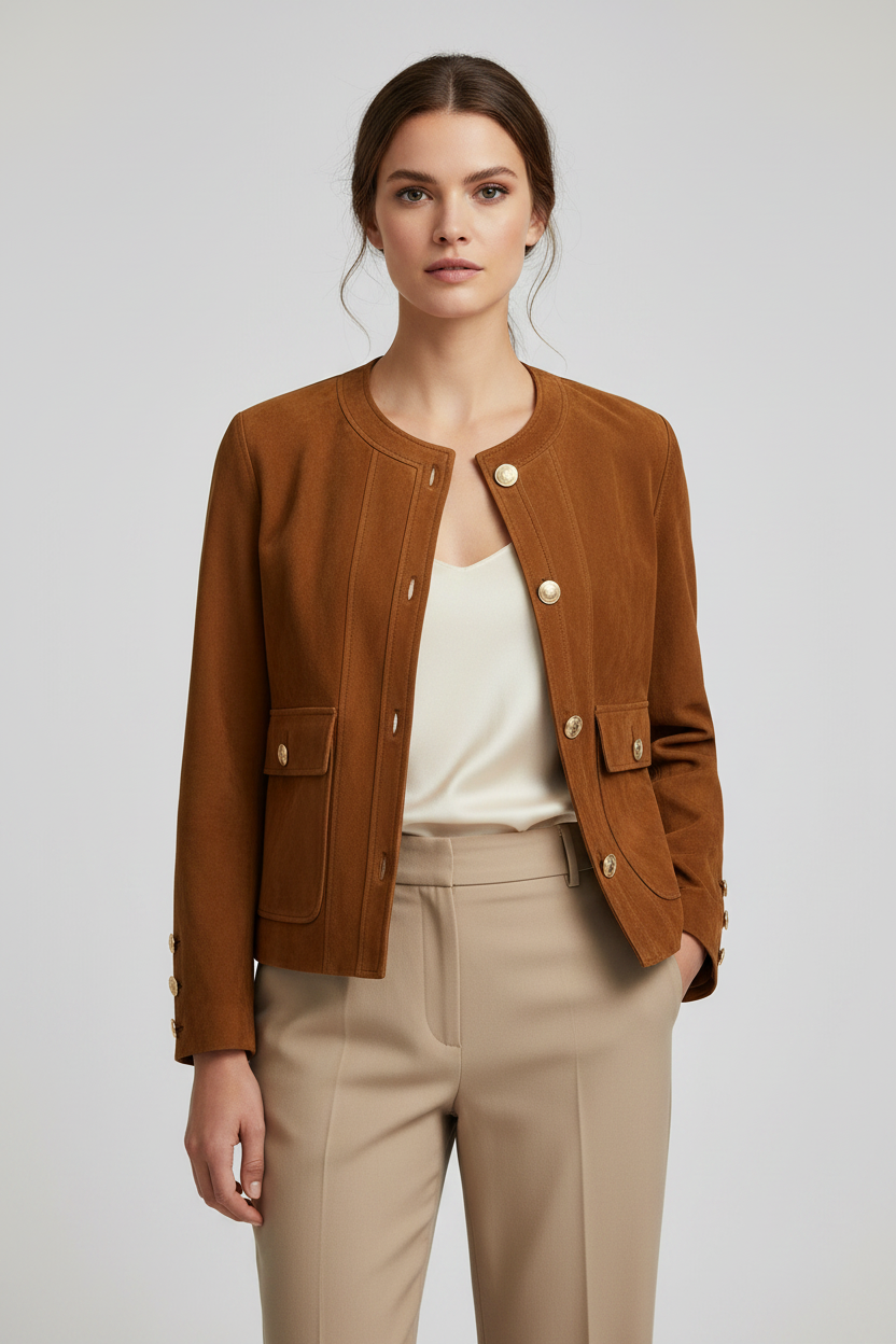 Saint Laurent Brown Lambskin Suede Short Jacket with Cassandre Medallion Buttons