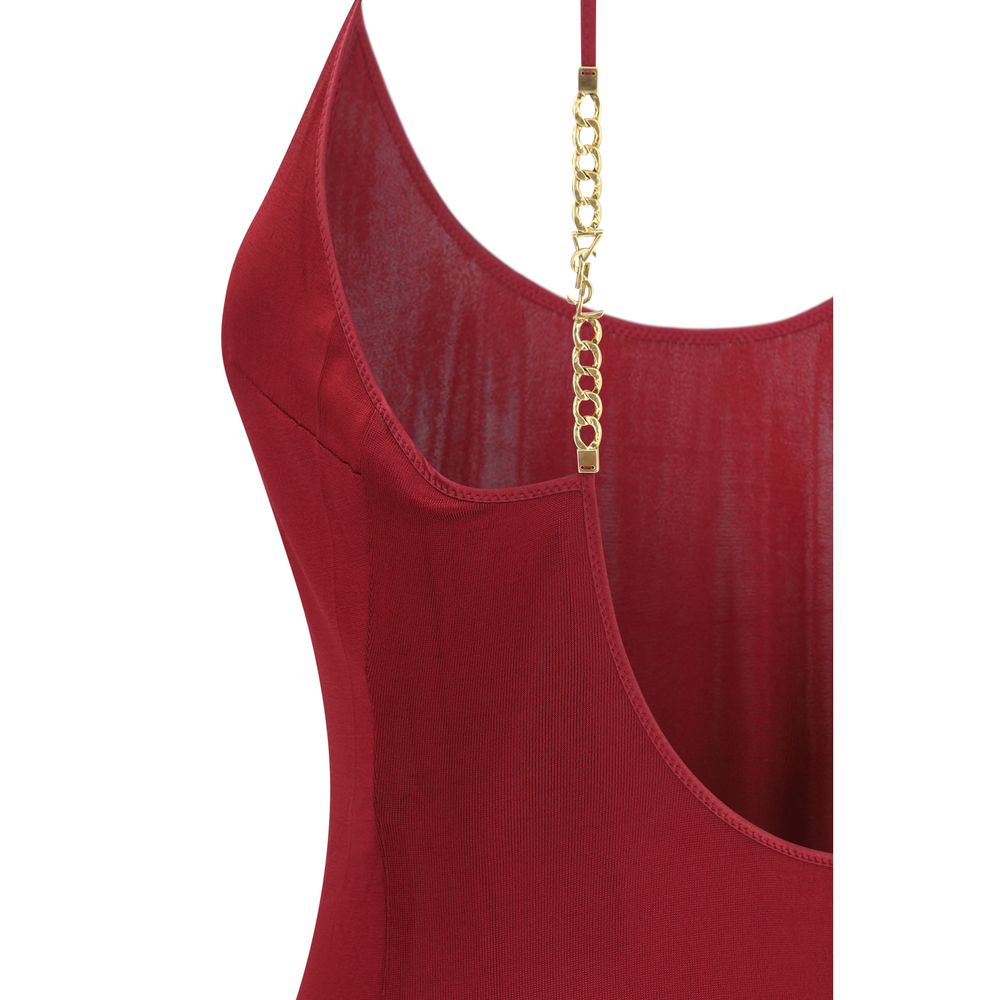 Saint Laurent Bordeaux Backless Knit Maxi Dress with Cassandre Chain Detail