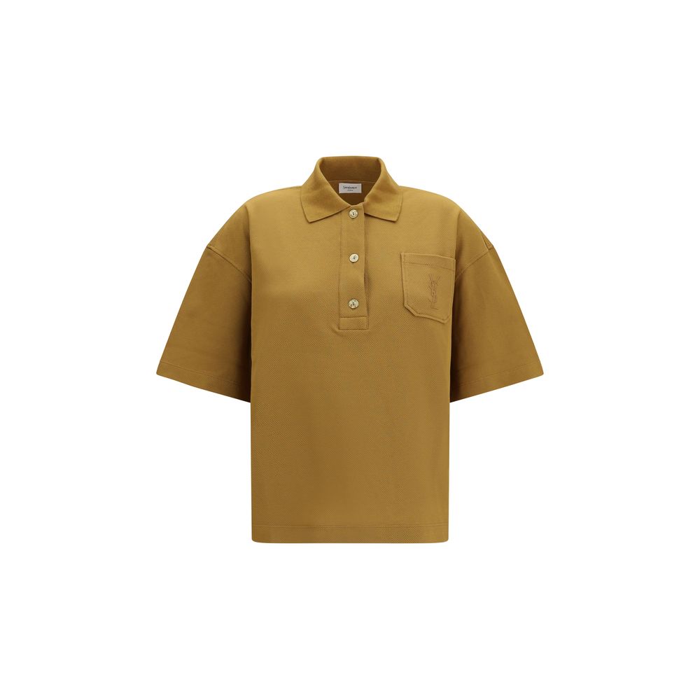 Saint Laurent 'Cassandre' Khaki Cotton Piqué Oversized Polo Shirt with Embroidered Logo