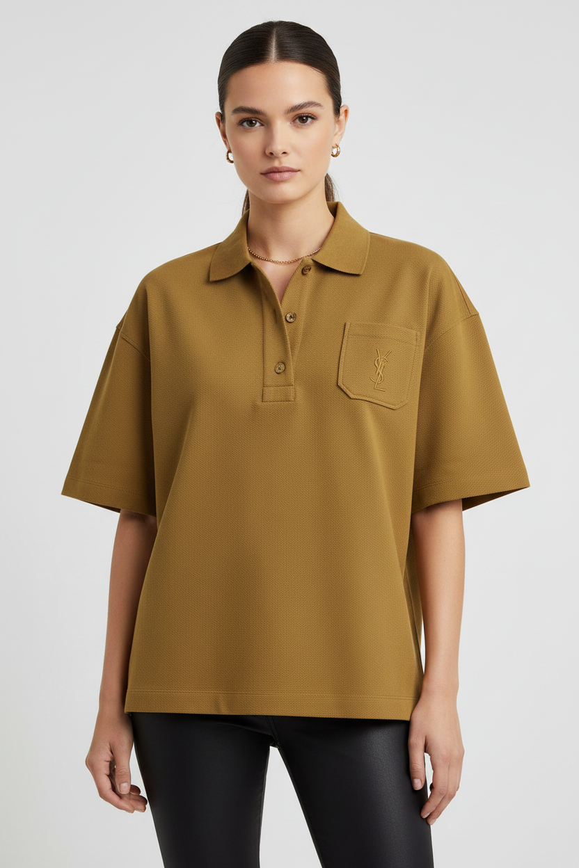 Saint Laurent 'Cassandre' Khaki Cotton Piqué Oversized Polo Shirt with Embroidered Logo