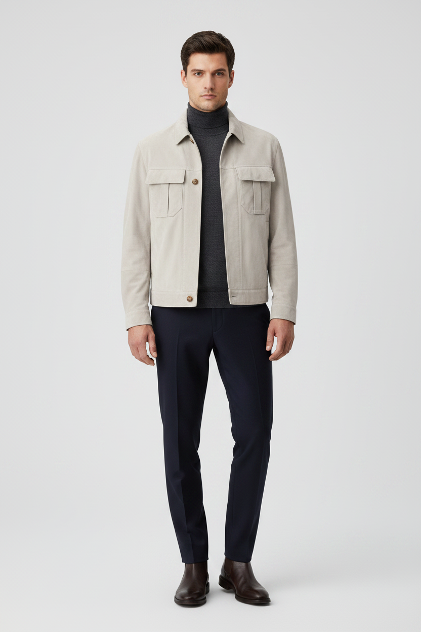 Brunello Cucinelli Beige Suede Jacket with Horn Buttons & Cupro Lining