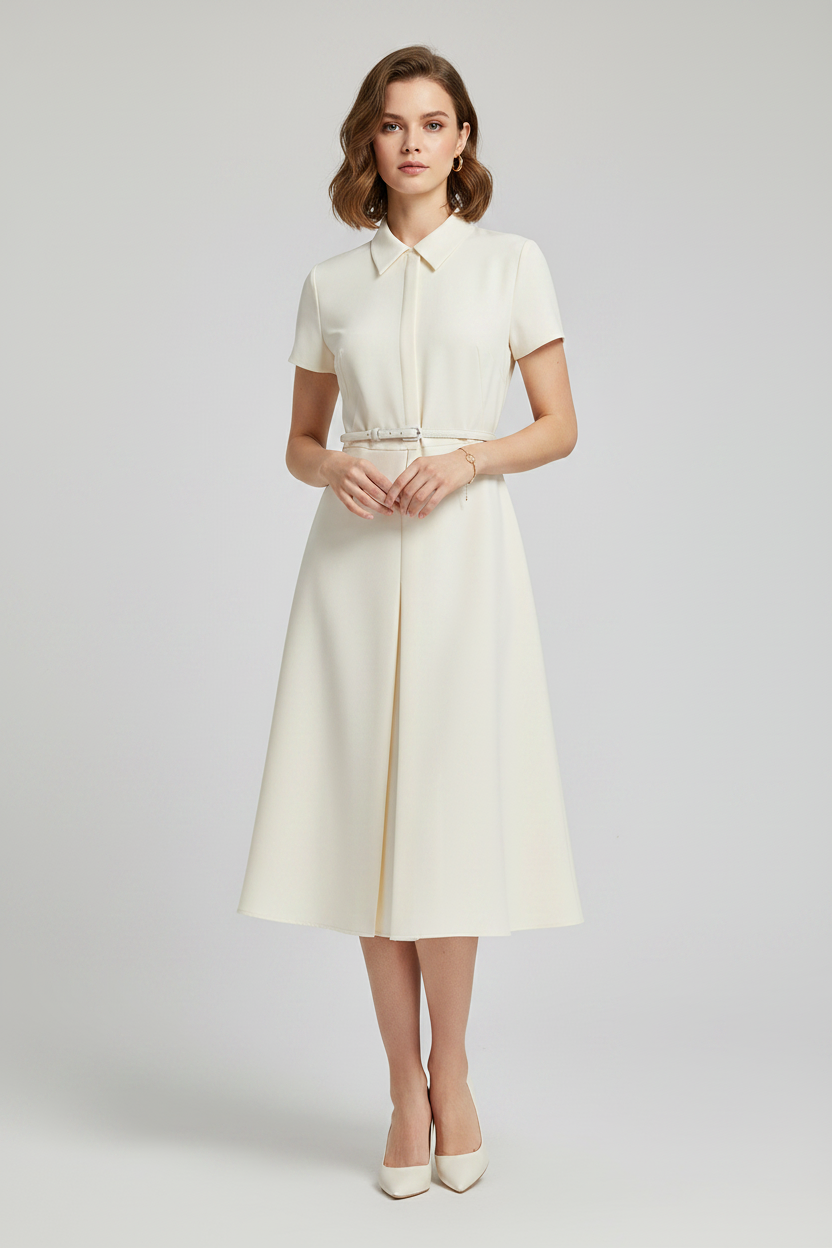 Fendi Beige Wool & Silk A-Line Long Dress with Shirt Collar & Fabric Belt