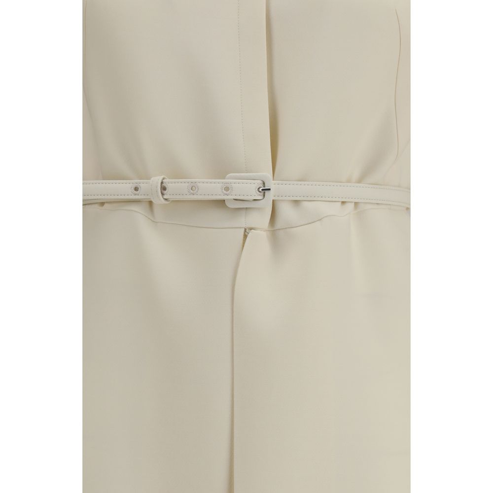 Fendi Beige Wool & Silk A-Line Long Dress with Shirt Collar & Fabric Belt