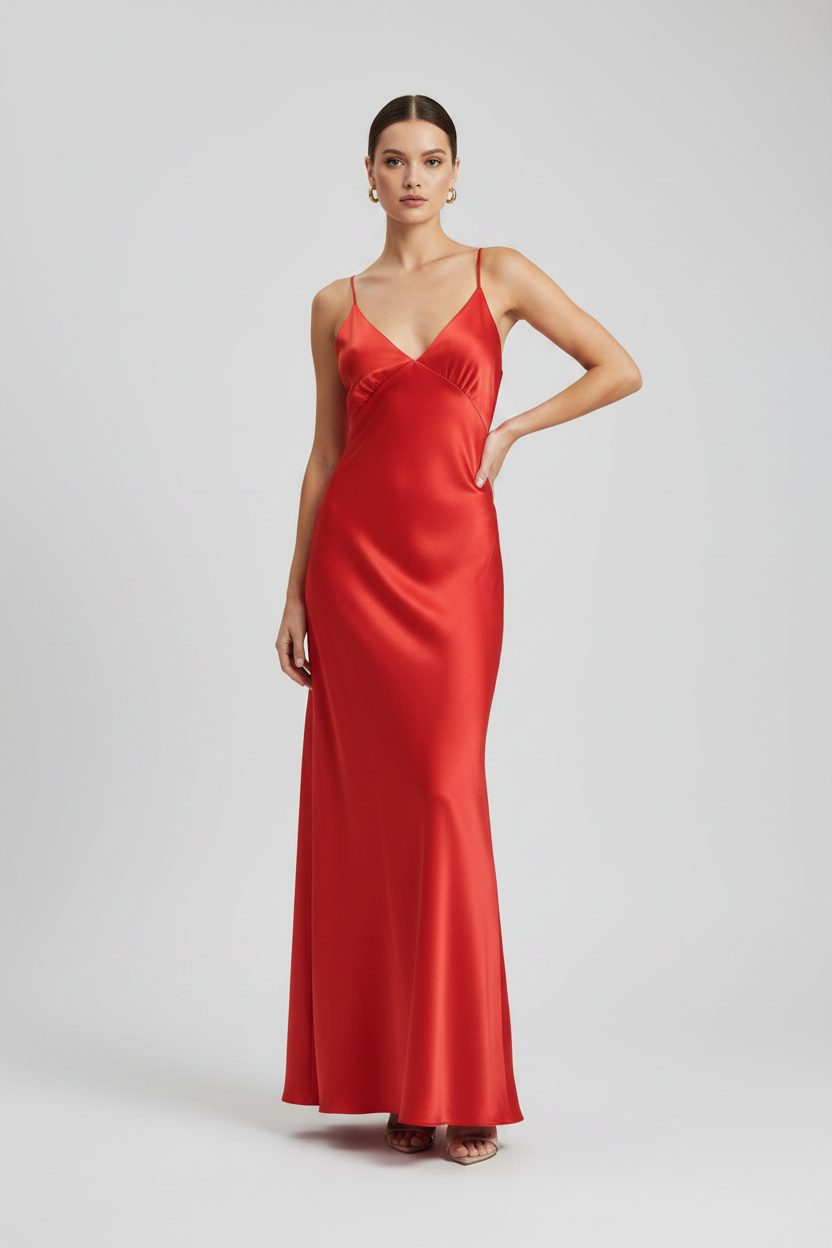 Fendi Red Silk Slip Dress with Deep V-Neck & Slim Shoulder Straps