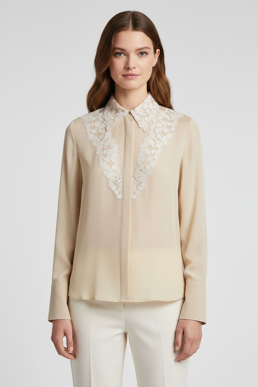 Fendi Peonia Lace Georgette Silk Blouse — Beige | Women