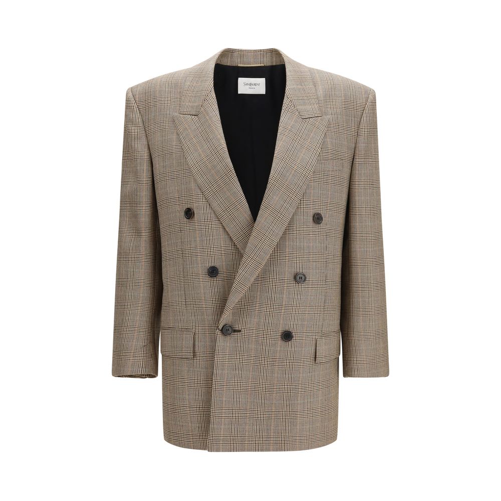 Saint Laurent Prince of Wales Houndstooth Wool Blazer — Beige | Women
