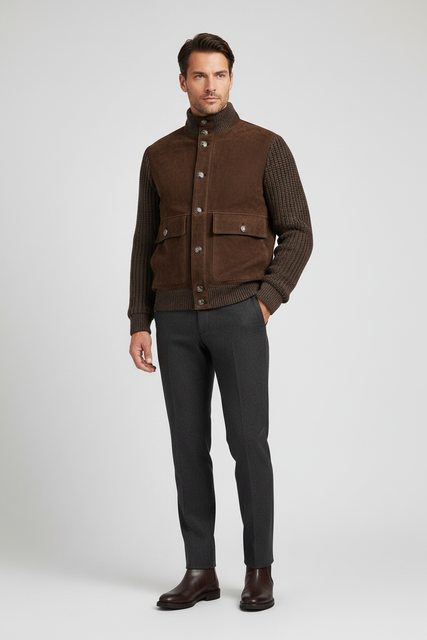 Brunello Cucinelli Brown Lambskin Hybrid Leather Jacket Ribbed Knit Solomeo Engraved Buttons Men
