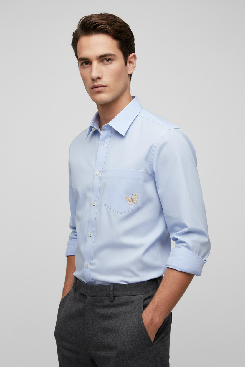 Valentino Garavani Blue Cotton Dress Shirt Butterfly Embroidery Chest Pocket AW26