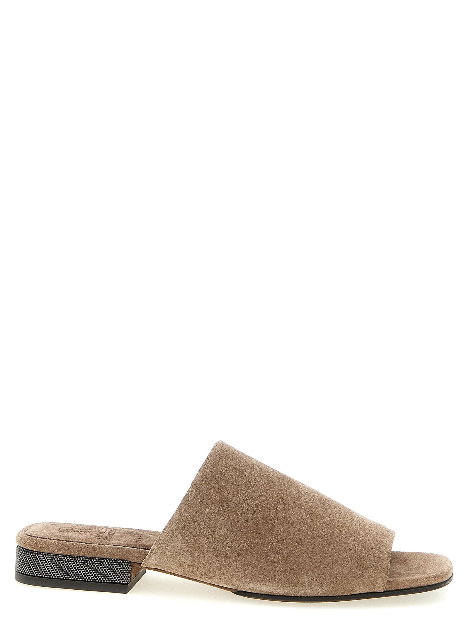 Brunello Cucinelli Brown Calfskin Suede Slides Monile Heel Women