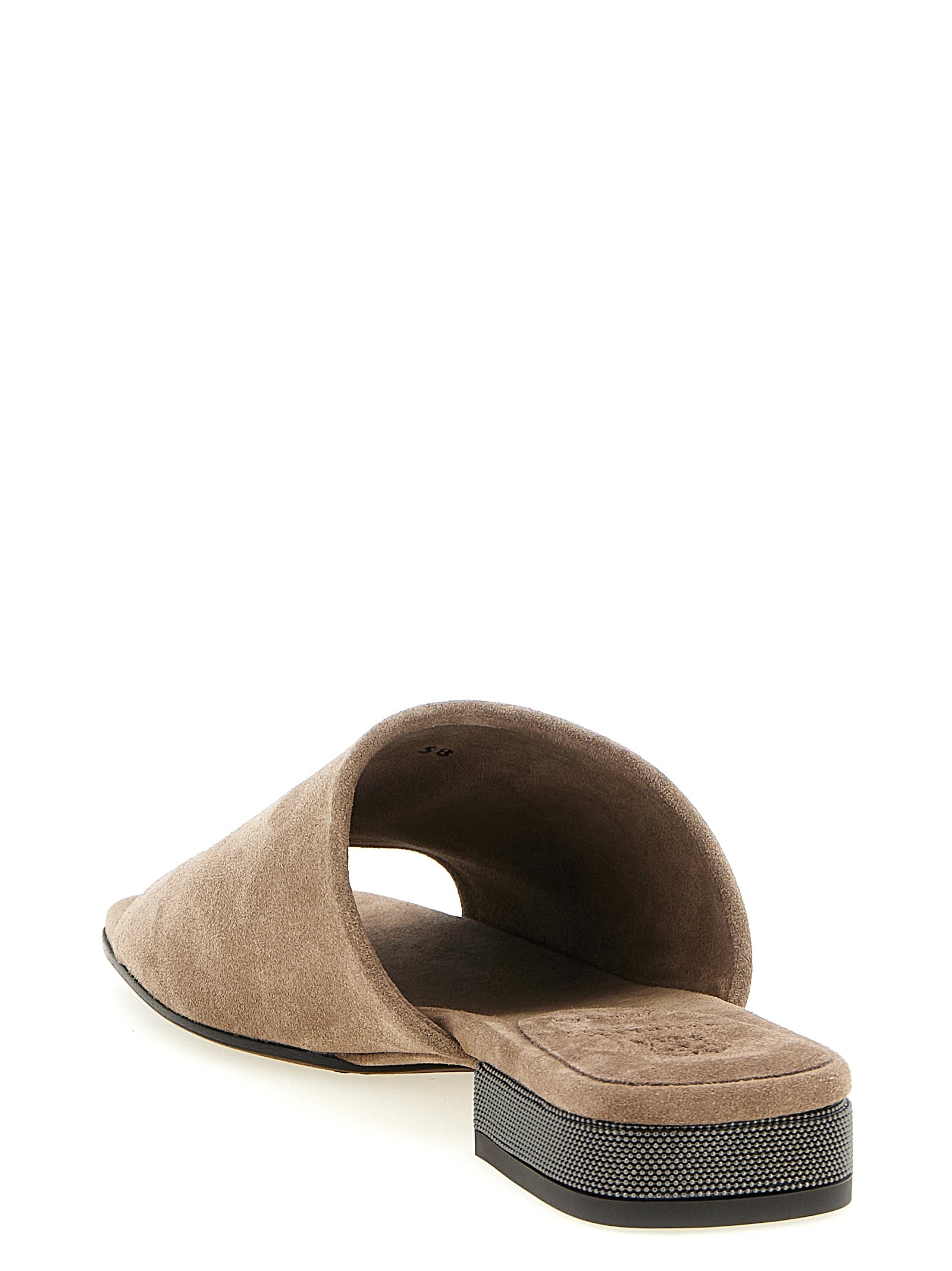 Brunello Cucinelli Brown Calfskin Suede Slides Monile Heel Women
