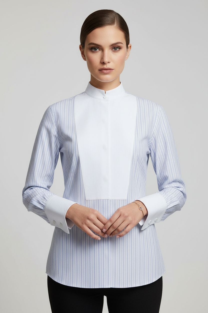 Tom Ford Blue Cotton Striped Bowling Collar Shirt Pearl Buttons Contrast Patch AW26