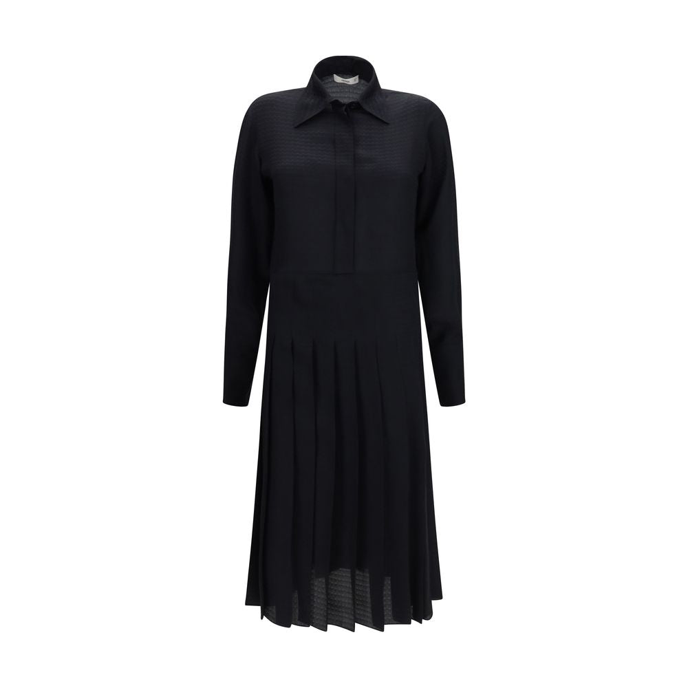 Fendi Black Silk Jacquard Chevronne Long Shirt Dress Double Cuffs AW26