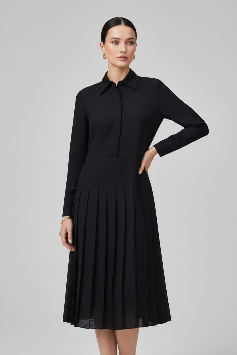 Fendi Black Silk Jacquard Chevronne Long Shirt Dress Double Cuffs AW26