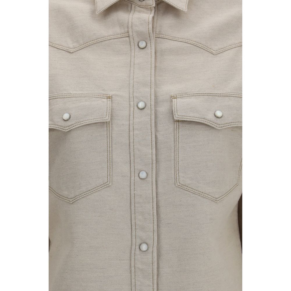 Fendi Selleria Beige Organic Cotton Linen Denim Western Shirt Silver Buttons AW26