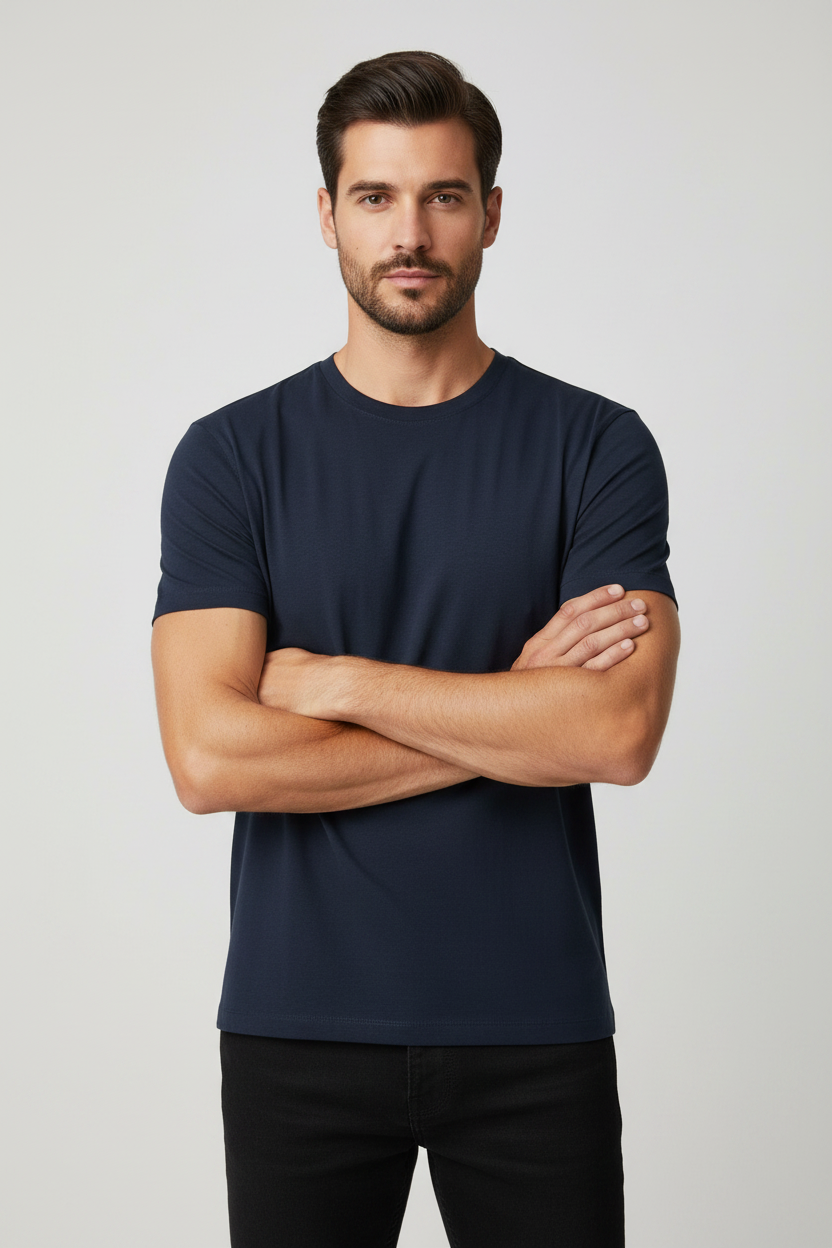 Tom Ford Blue Lyocell Cotton Crew Neck T-Shirt Ribbed Collar Men