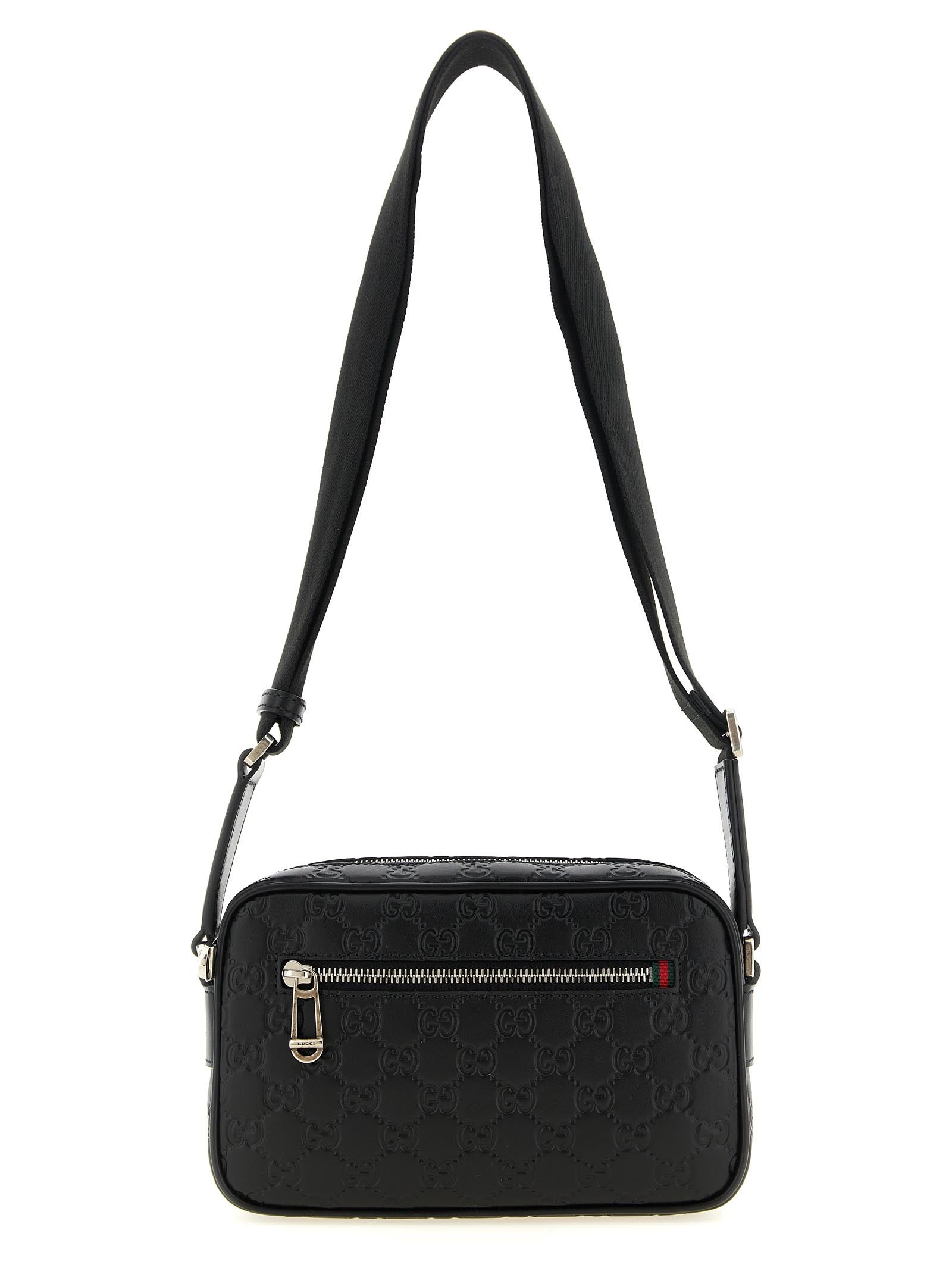 Gucci GG Emblem Black Calfskin Small Shoulder Bag Web Detail Silver Men
