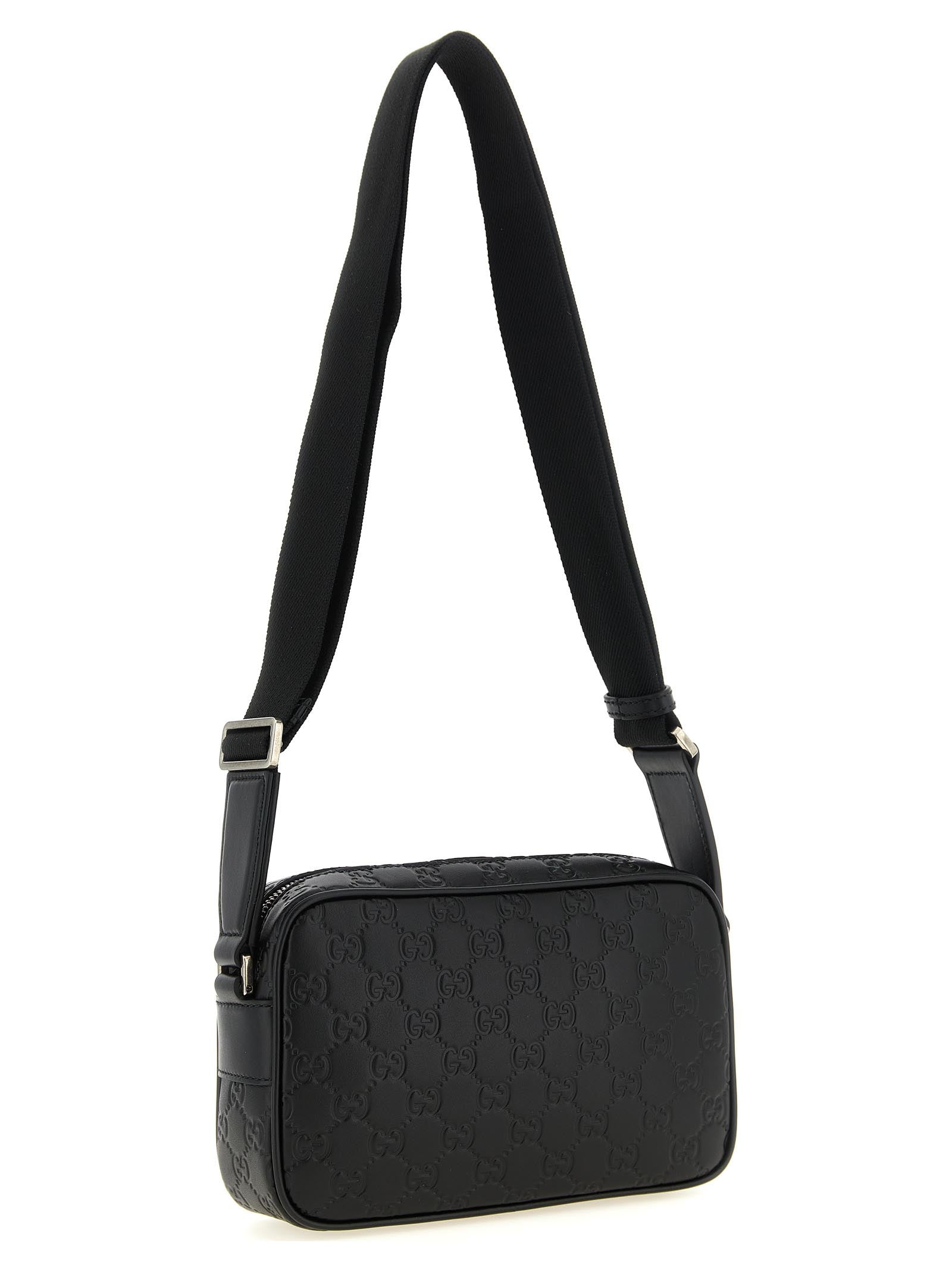 Gucci GG Emblem Black Calfskin Small Shoulder Bag Web Detail Silver Men