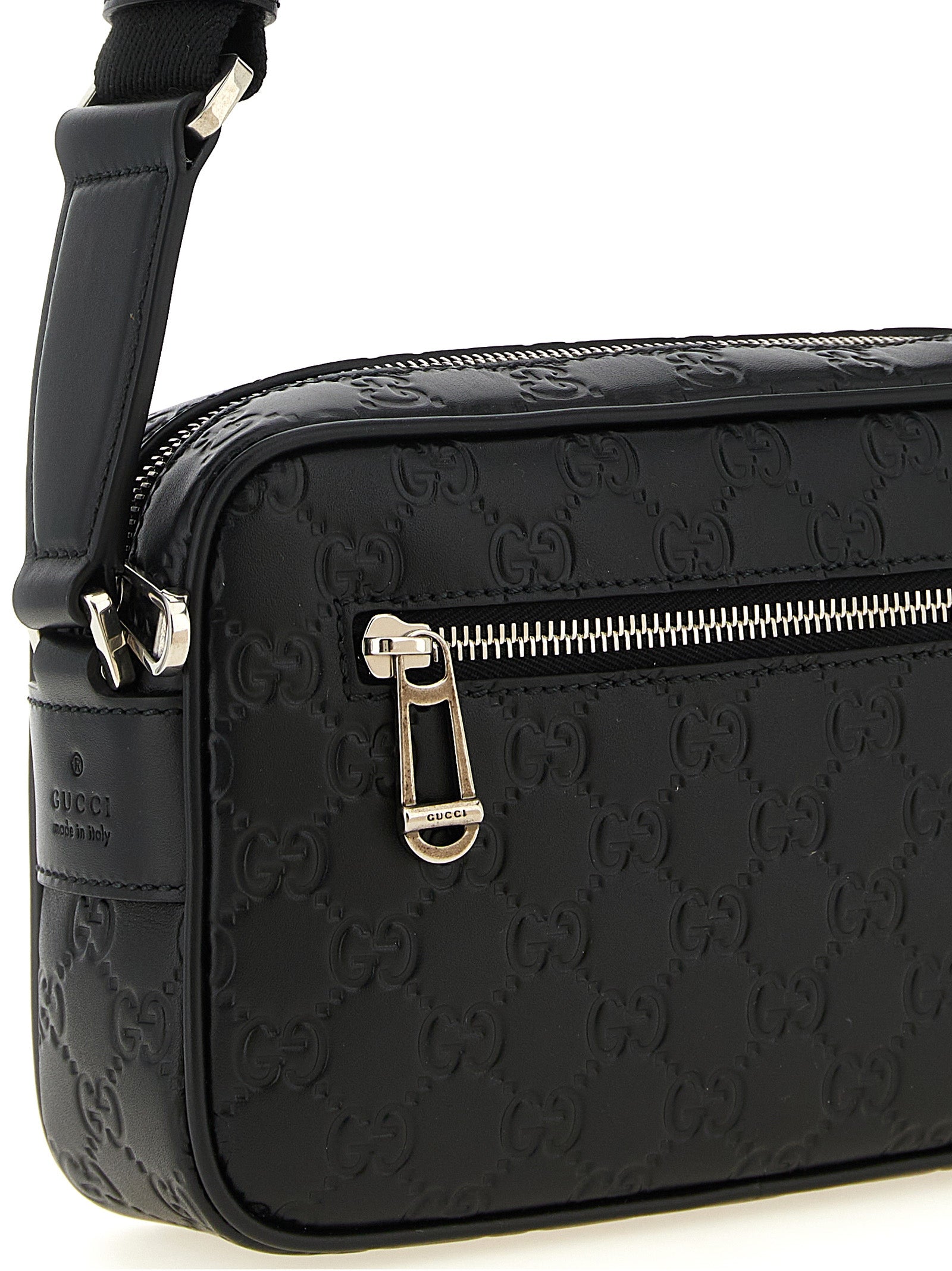 Gucci GG Emblem Black Calfskin Small Shoulder Bag Web Detail Silver Men