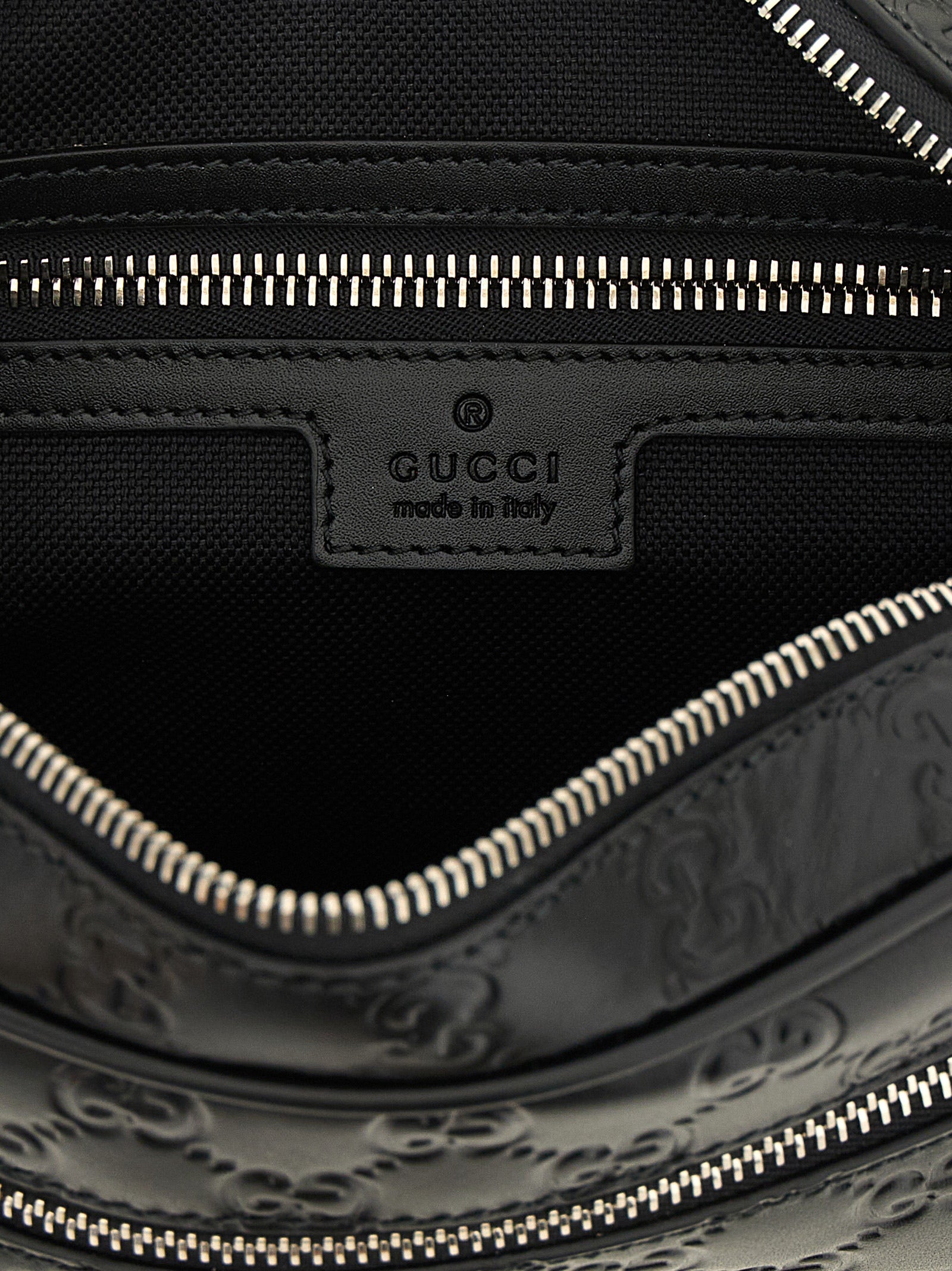 Gucci GG Emblem Black Calfskin Small Shoulder Bag Web Detail Silver Men