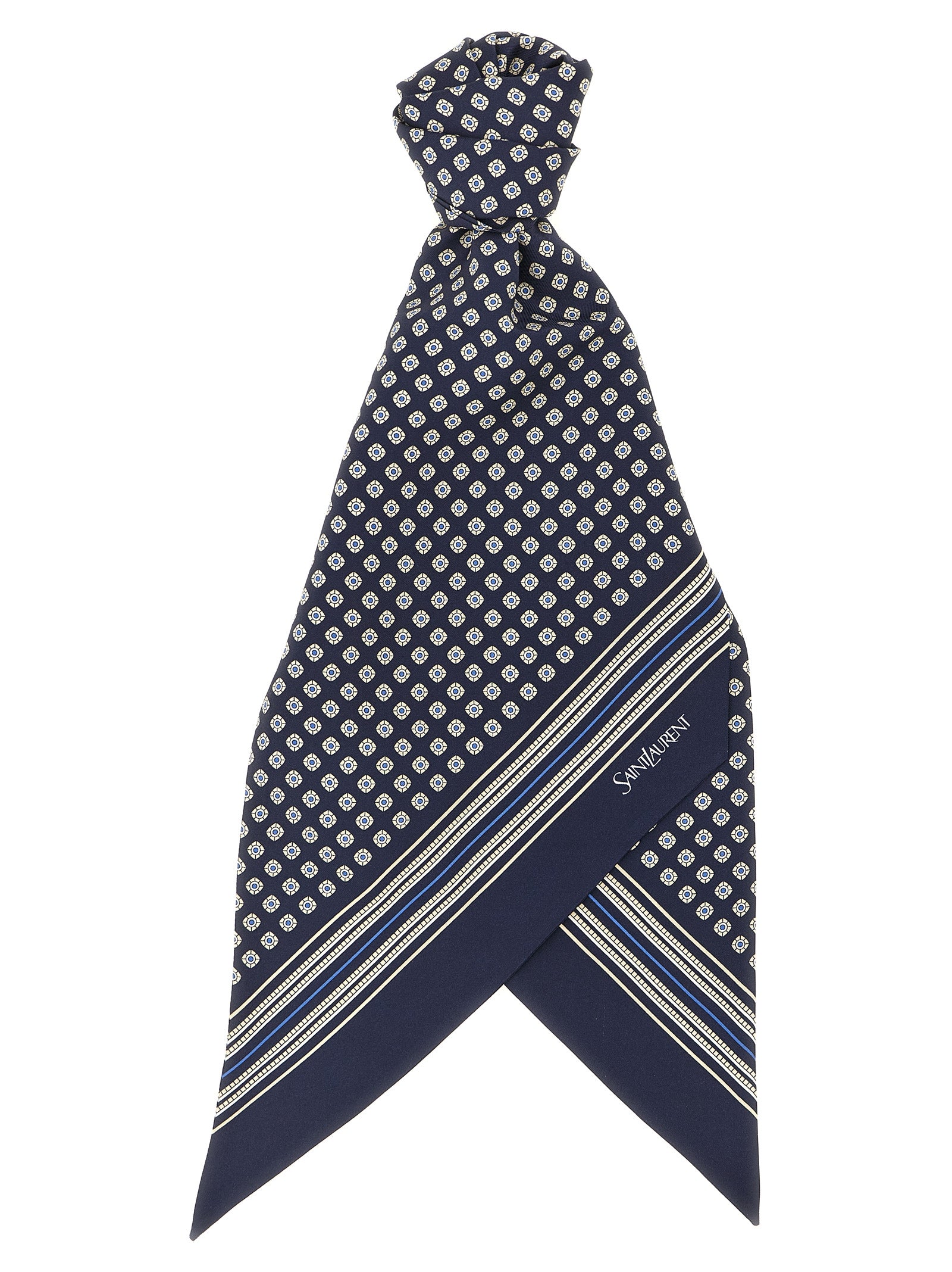 Saint Laurent Navy Blue Silk Twill Lavallière Scarf Geometric Pattern Men