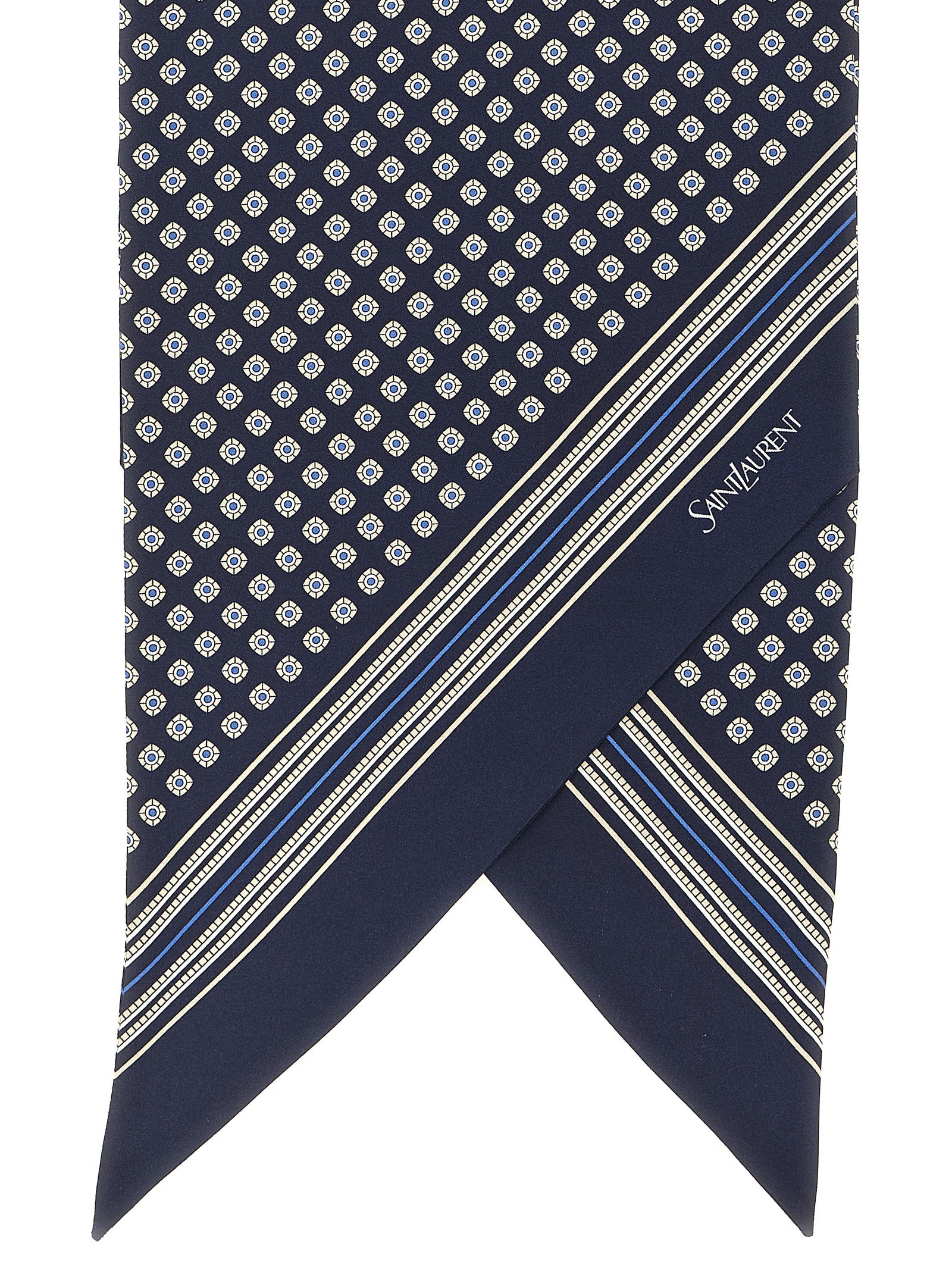 Saint Laurent Navy Blue Silk Twill Lavallière Scarf Geometric Pattern Men