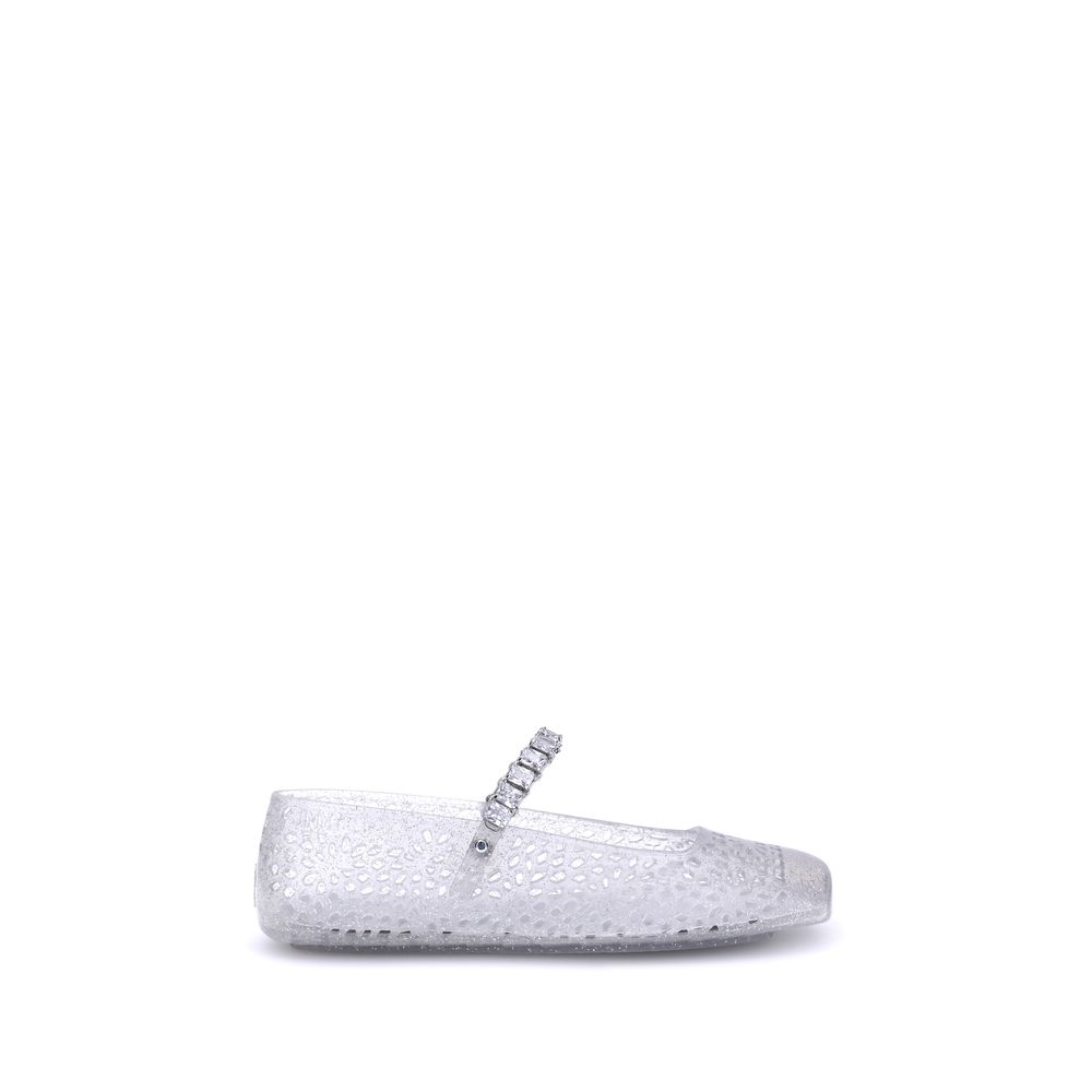 Jimmy Choo White Jelly Ballet Flats Crystal Strap Lace Cutout AW26