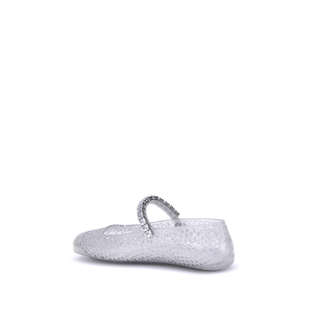 Jimmy Choo White Jelly Ballet Flats Crystal Strap Lace Cutout AW26