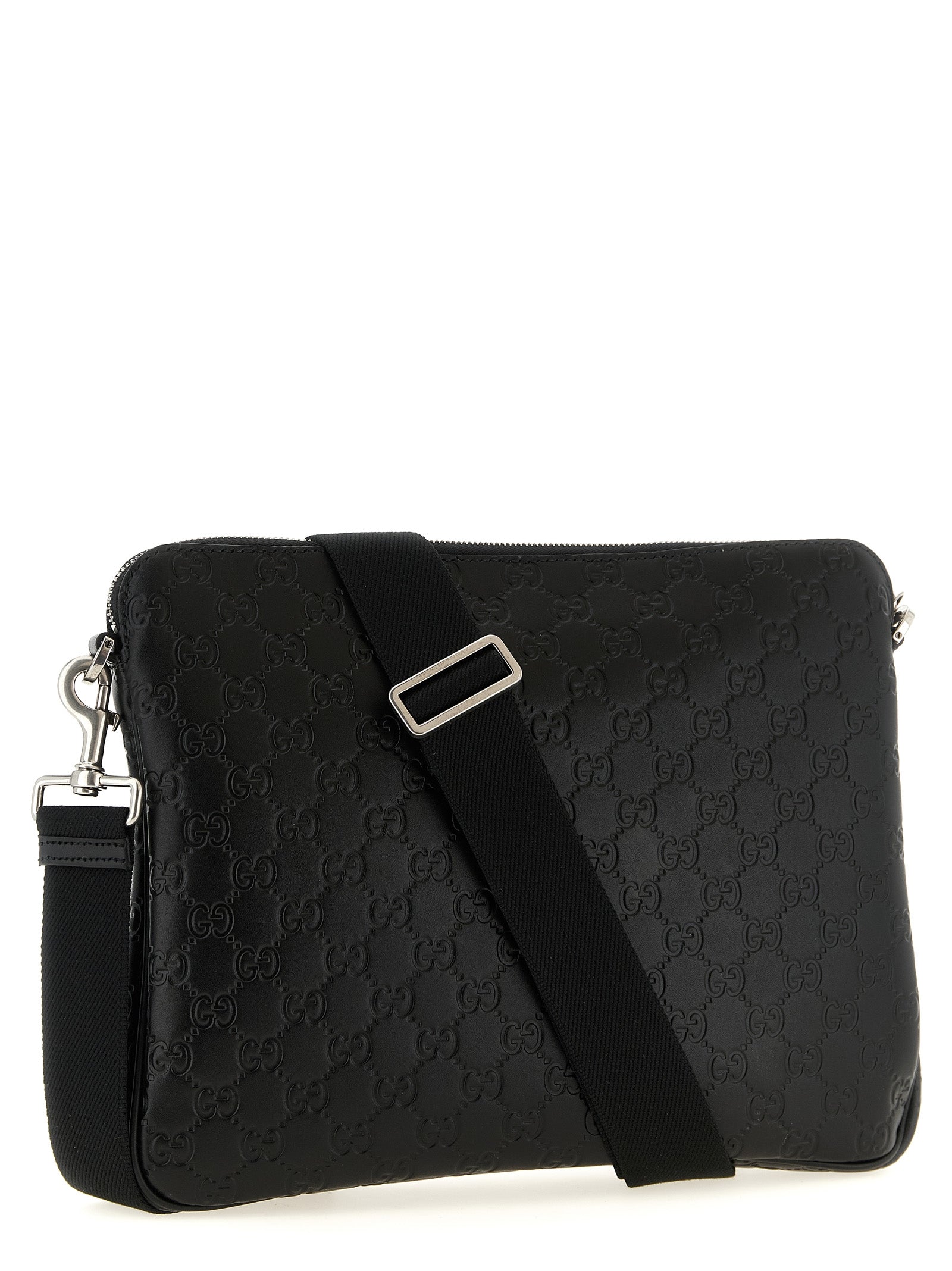 Gucci GG Emblem Black Calfskin Embossed Midi Shoulder Crossbody Bag Men