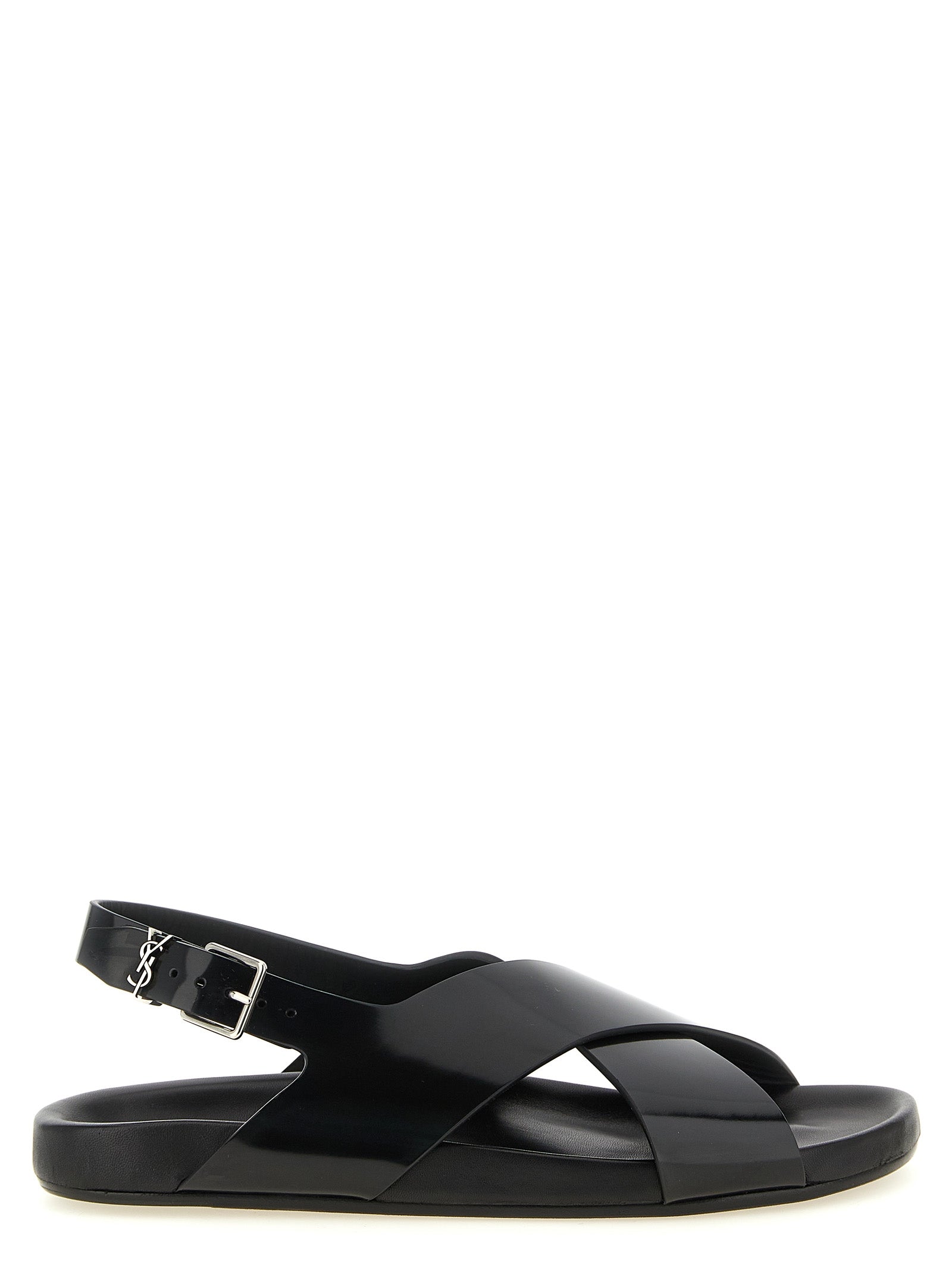 Saint Laurent Helios Black Calfskin Flat Sandals Cassandre Slingback
