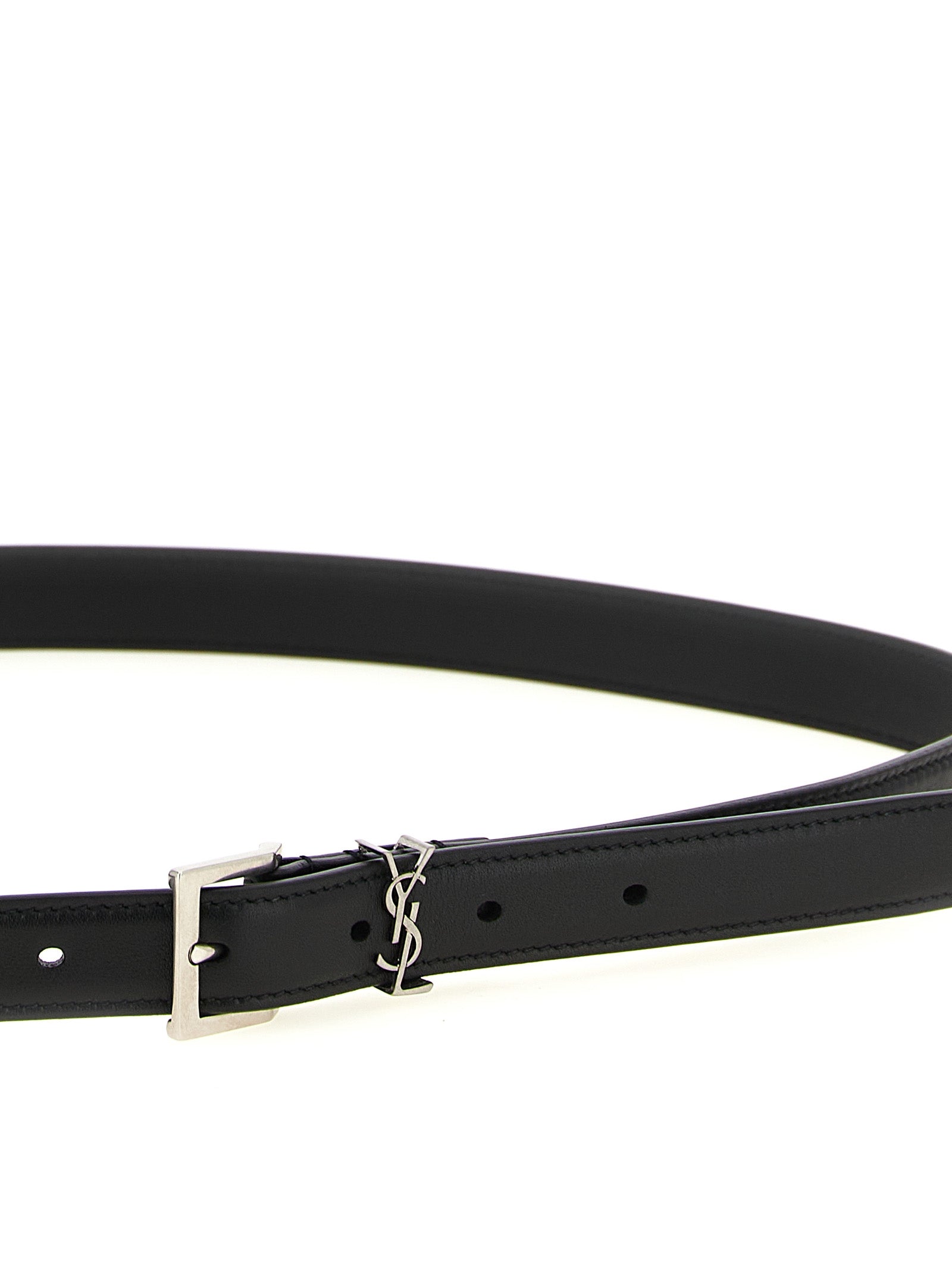 Saint Laurent Black Calfskin Belt Silver Square Buckle Cassandre