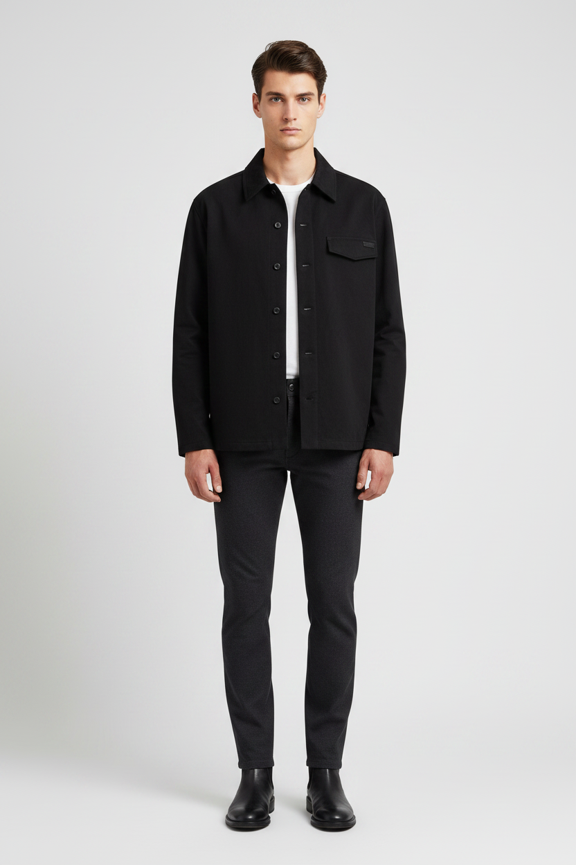 Saint Laurent Black Cotton Overshirt Leather Logo Tab Men