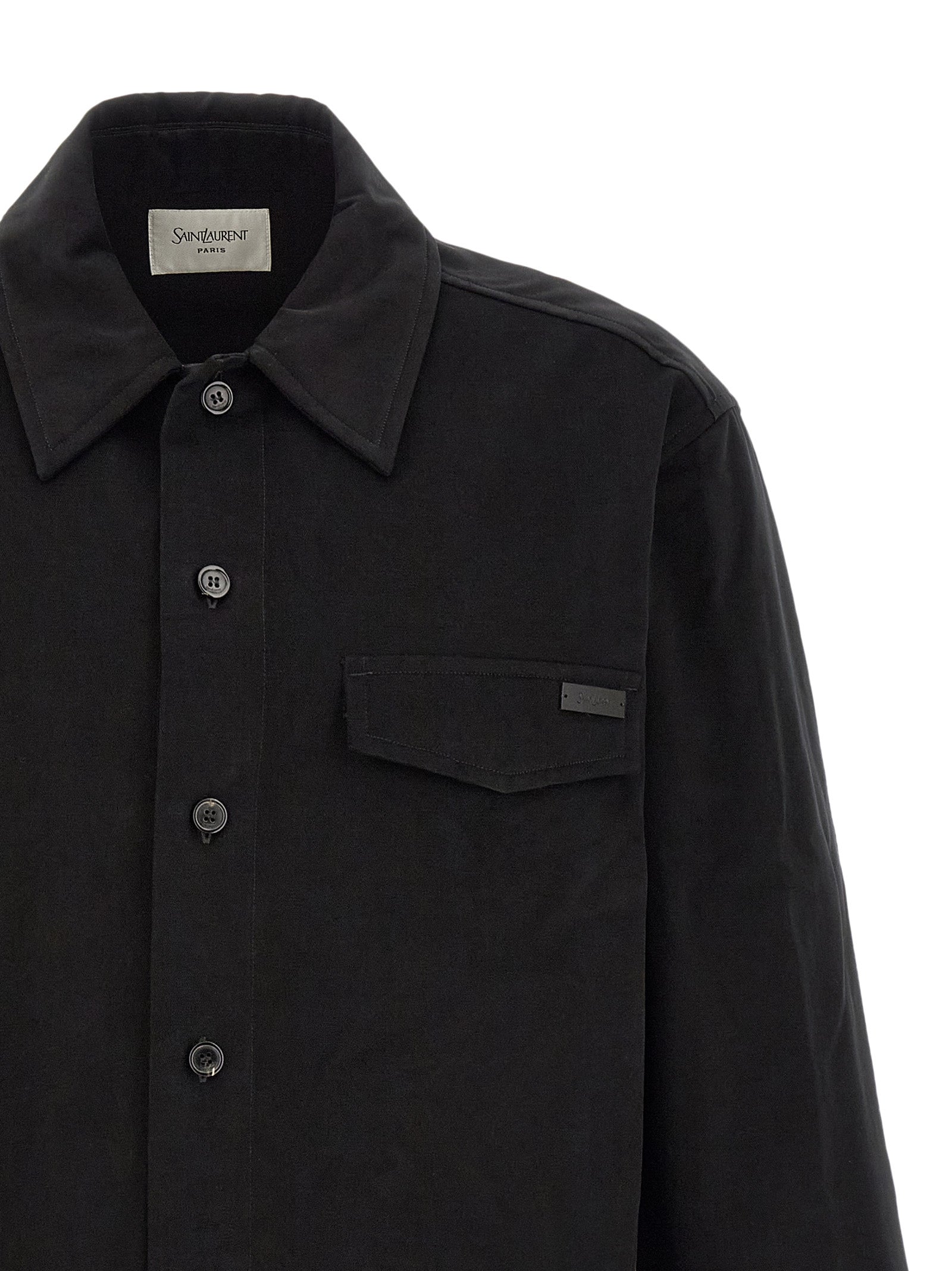Saint Laurent Black Cotton Overshirt Leather Logo Tab Men