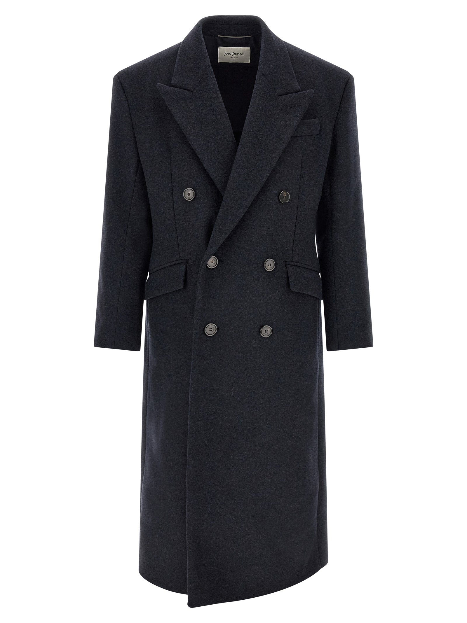 Saint Laurent Navy Blue Virgin Wool Double-Breasted Long Coat Men
