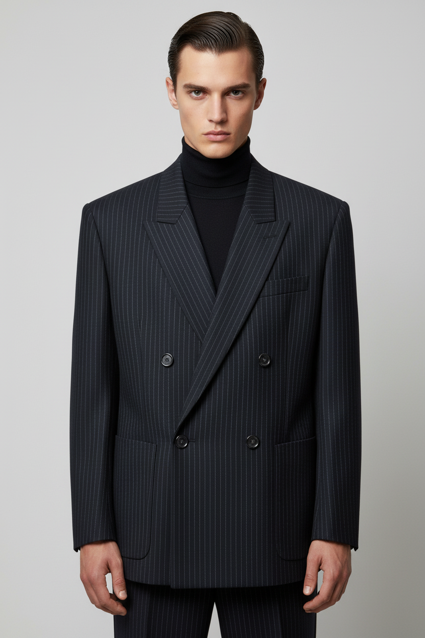 Saint Laurent Navy Blue Virgin Wool Gabardine Pinstripe Blazer Peak Lapels Patch Pockets Silk Lining Men