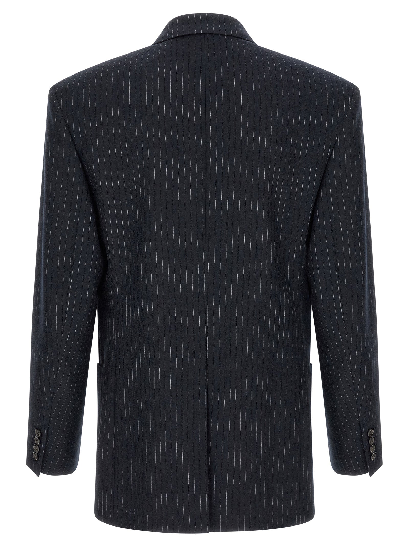 Saint Laurent Navy Blue Virgin Wool Gabardine Pinstripe Blazer Peak Lapels Patch Pockets Silk Lining Men