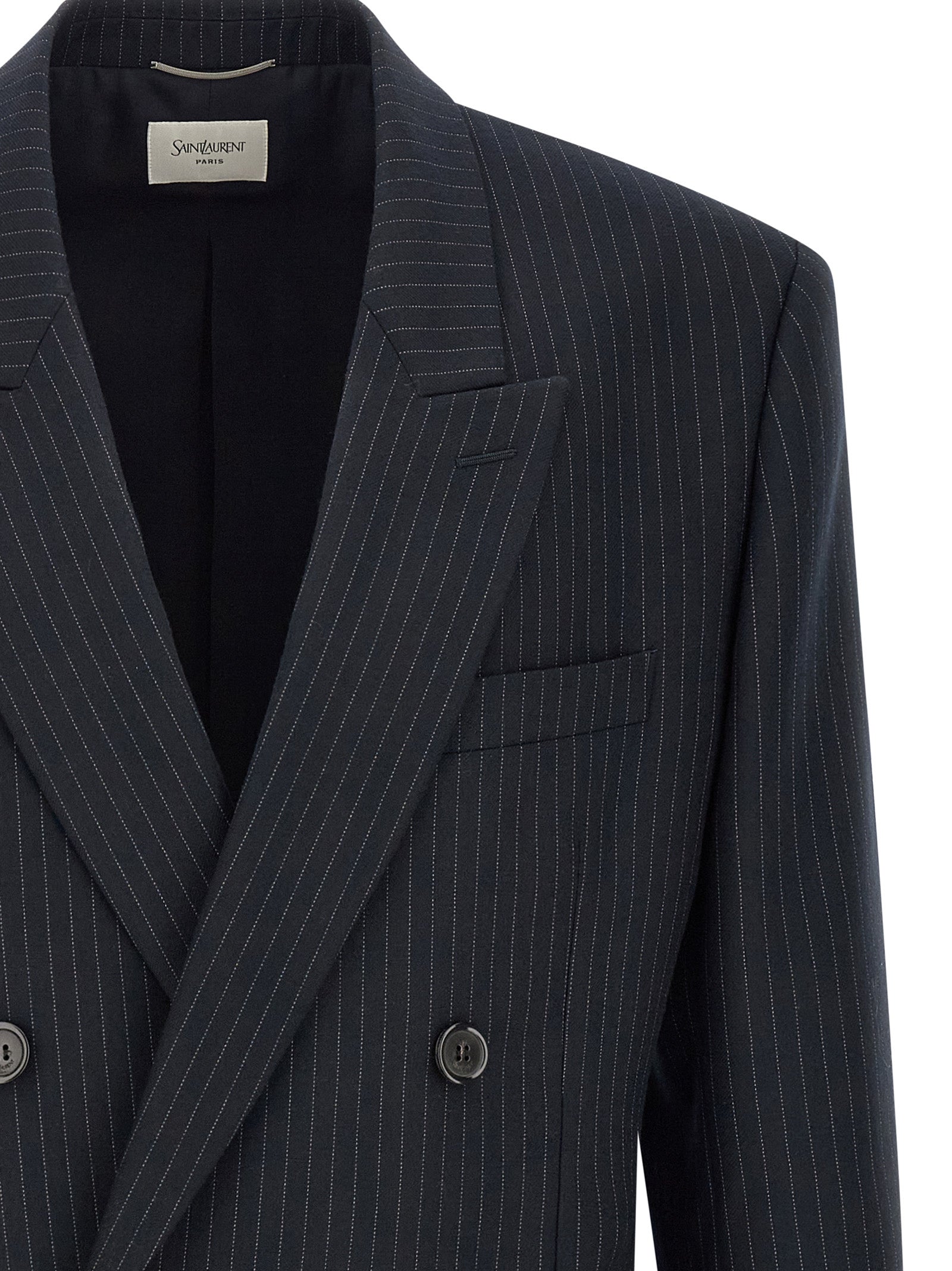 Saint Laurent Navy Blue Virgin Wool Gabardine Pinstripe Blazer Peak Lapels Patch Pockets Silk Lining Men