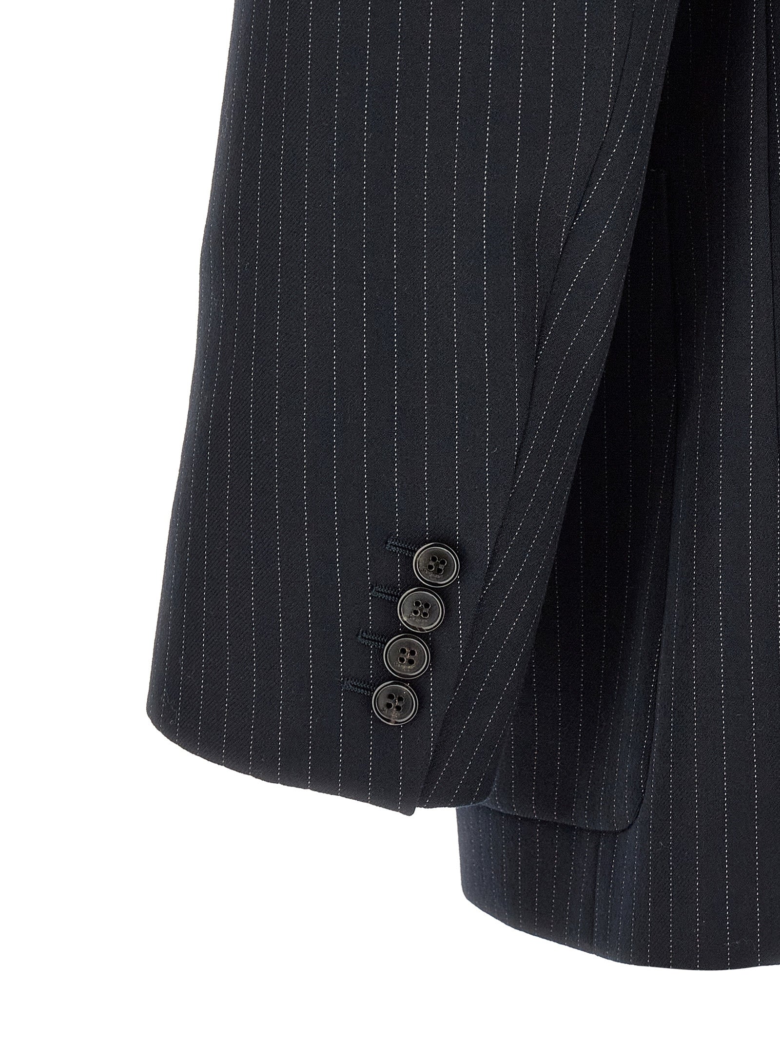 Saint Laurent Navy Blue Virgin Wool Gabardine Pinstripe Blazer Peak Lapels Patch Pockets Silk Lining Men