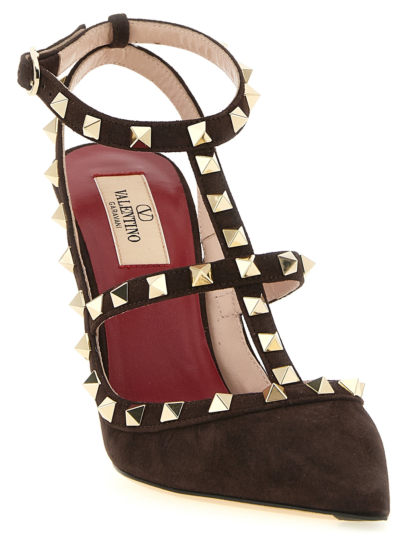 Valentino Garavani Brown Calfskin Rockstud T-Strap Pumps