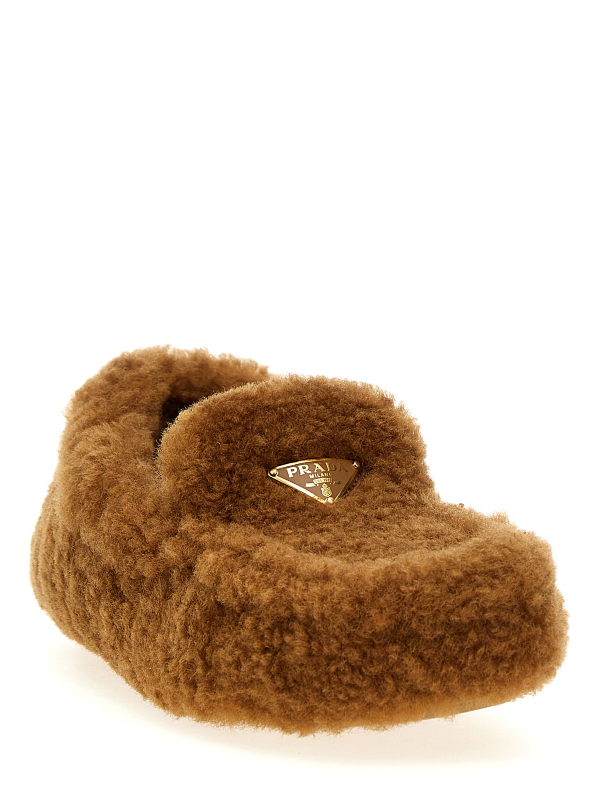 Prada Shearling Lamb Leather Loafers in Brown | Triangle Logo | Made in Italy