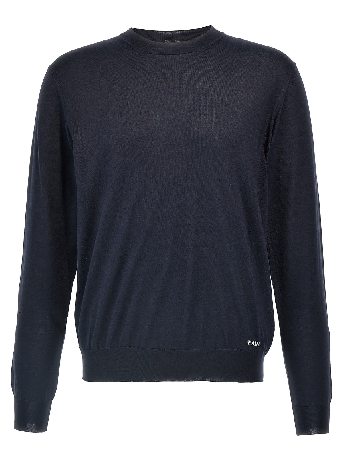 Prada Silk Crew Neck Sweater with Contrast Logo Embroidery in Blue | Made in Italy