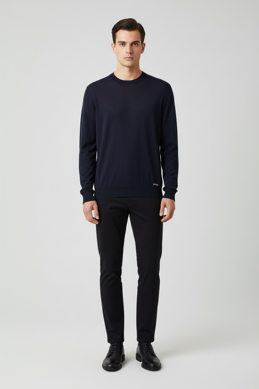Prada Silk Crew Neck Sweater with Contrast Logo Embroidery in Blue | Made in Italy