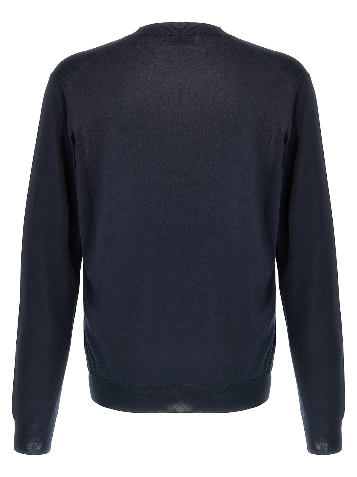 Prada Silk Crew Neck Sweater with Contrast Logo Embroidery in Blue | Made in Italy