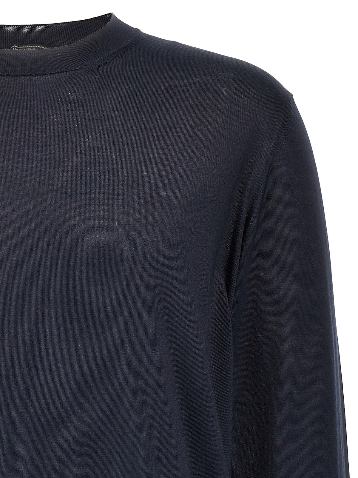Prada Silk Crew Neck Sweater with Contrast Logo Embroidery in Blue | Made in Italy