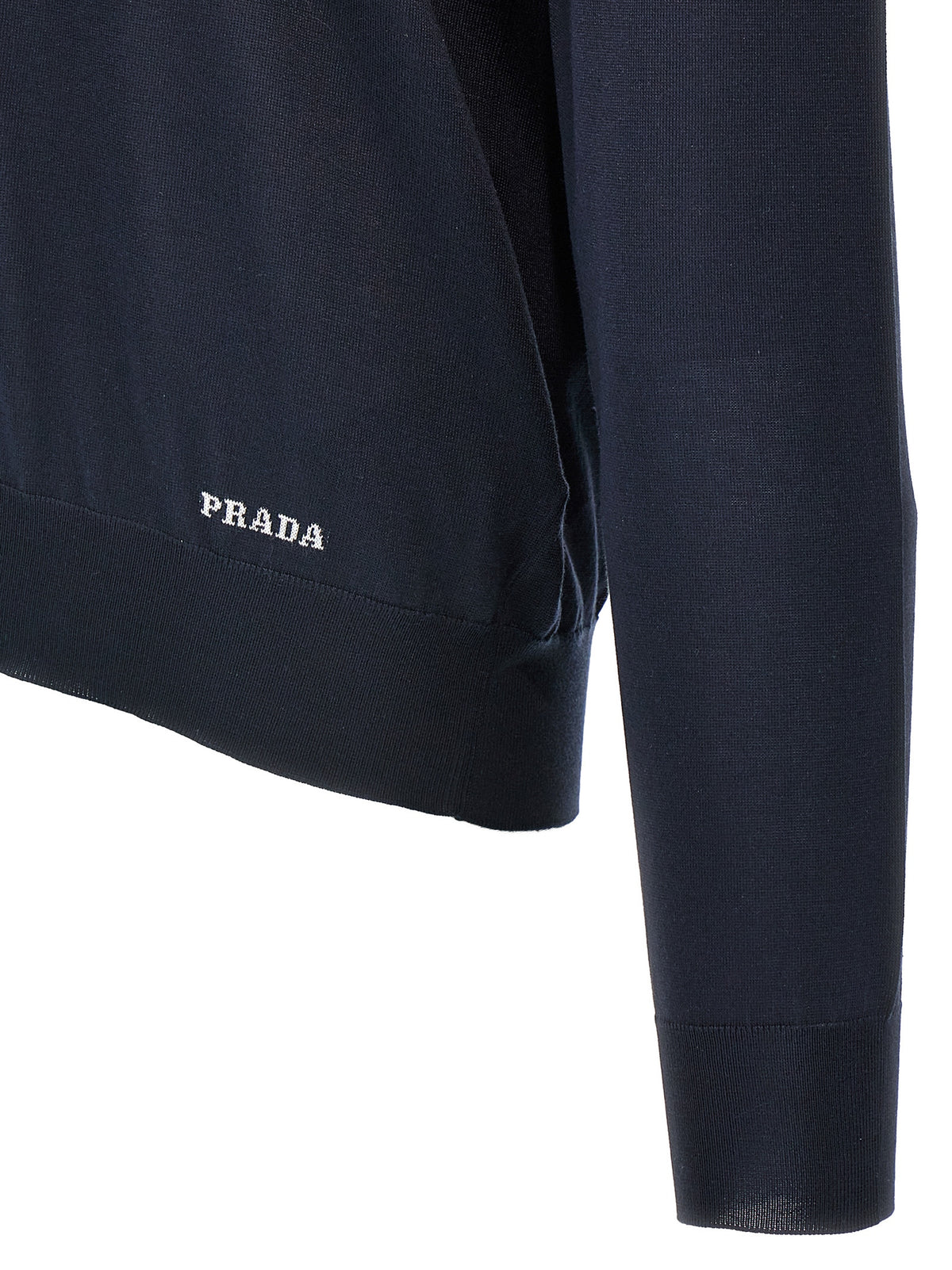 Prada Silk Crew Neck Sweater with Contrast Logo Embroidery in Blue | Made in Italy