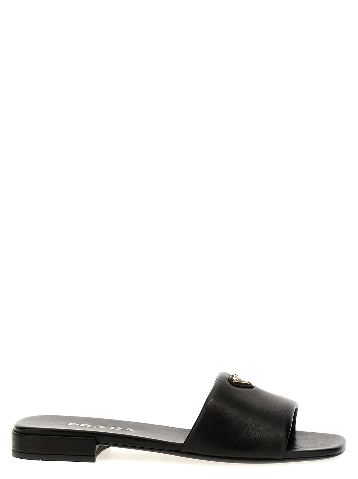 Prada Lamb Leather Triangle Logo Slides in Black | Made in Italy
