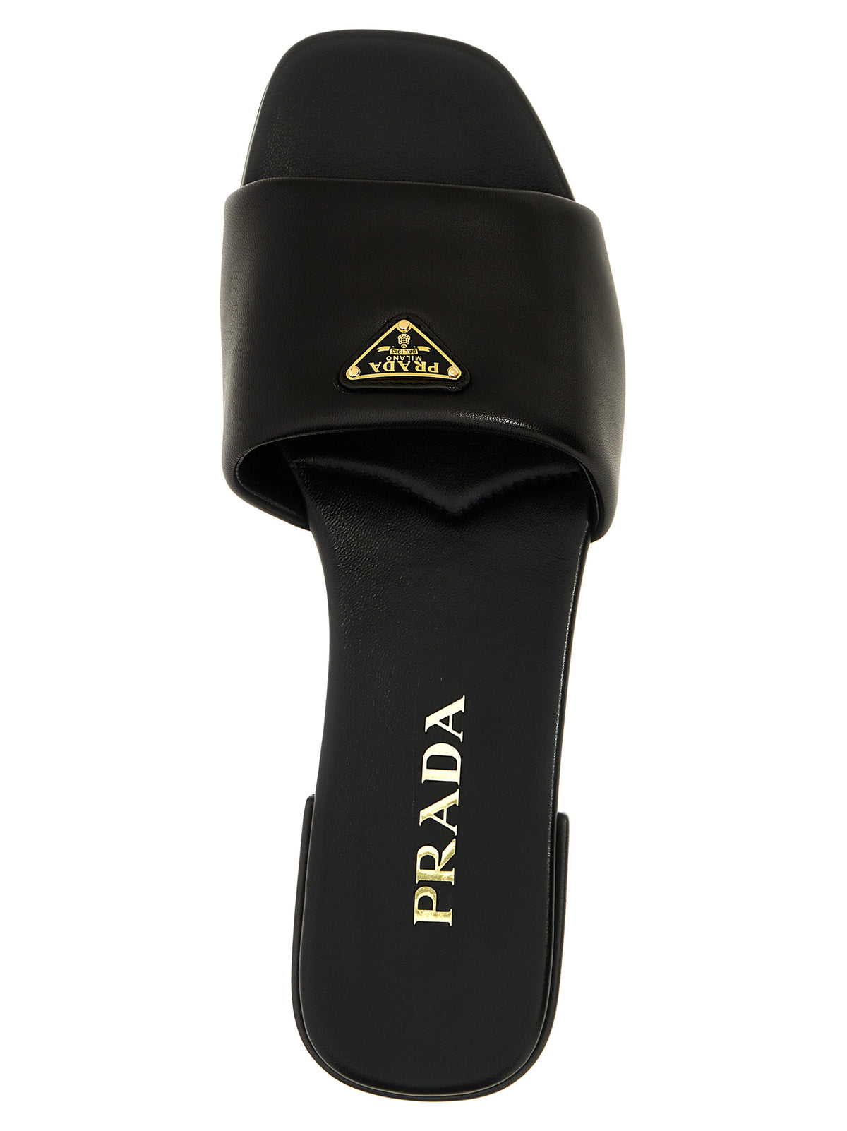 Prada Lamb Leather Triangle Logo Slides in Black | Made in Italy