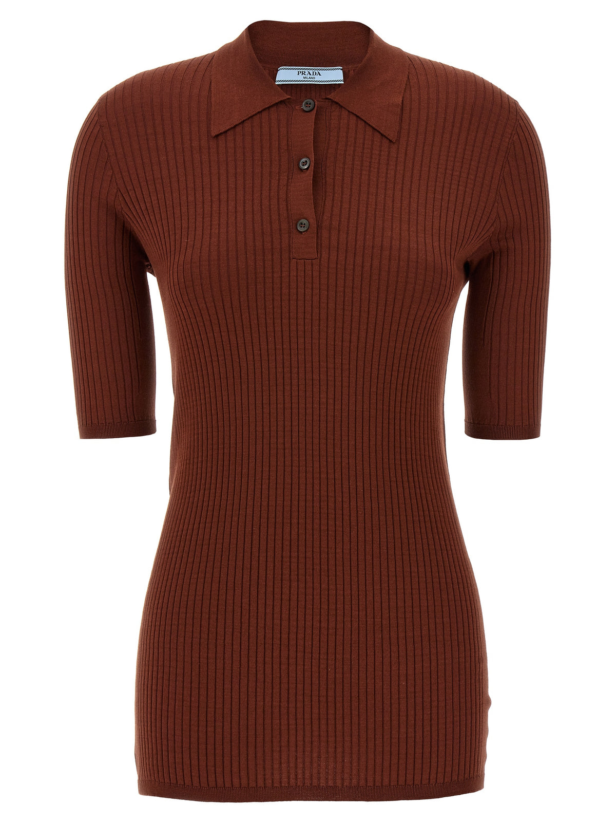 Prada Stretch Cotton Ribbed Polo Shirt in Brown | Made in Italy
