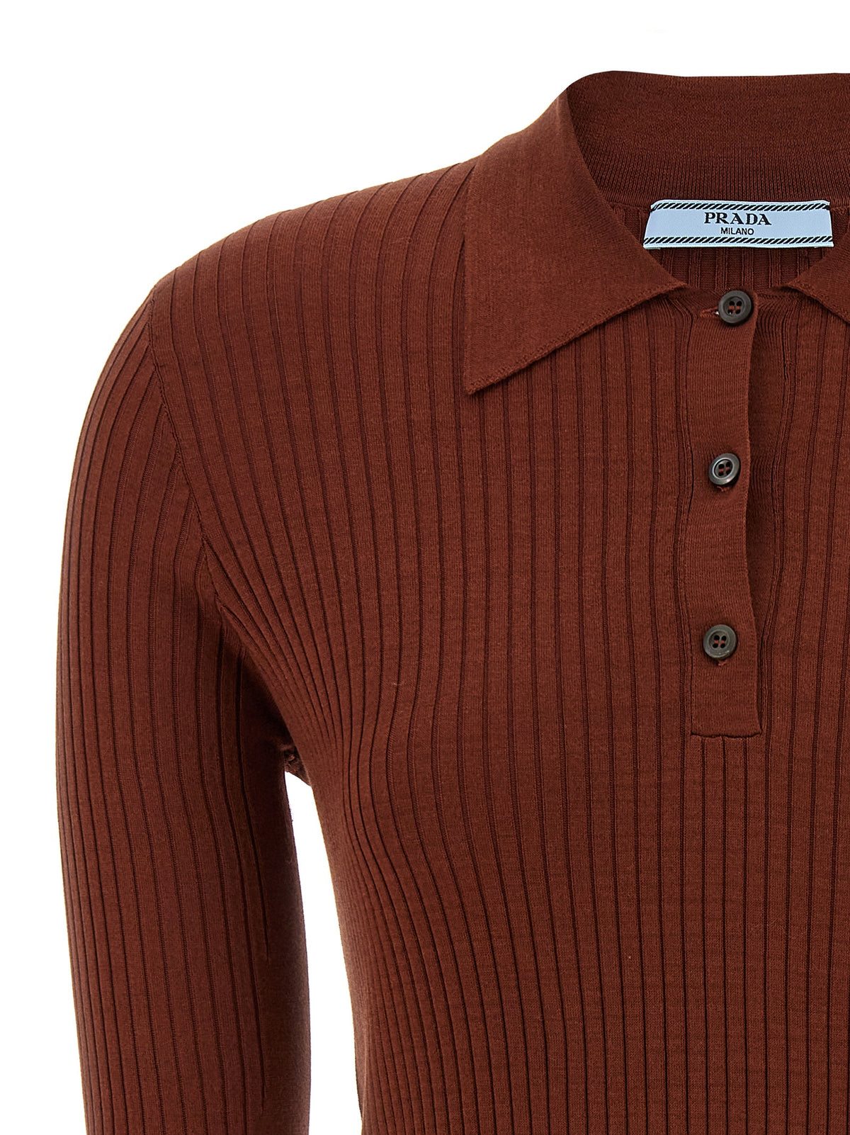 Prada Stretch Cotton Ribbed Polo Shirt in Brown | Made in Italy